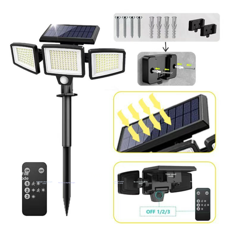 Solar Powered Motion Sensor Outdoor Light with Remote Control and ground plug for Garden Garage and Front Door+ground plug