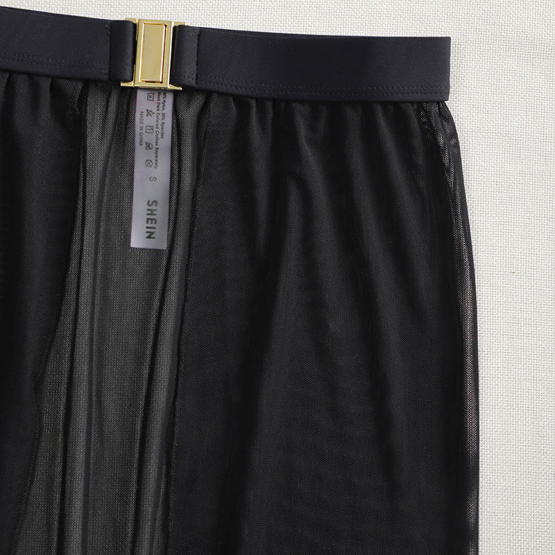 Black High-Waisted White Swim Skirt with Gold Buckle Belt – Elegant Long Beach Cover-Up for Women, Ideal for Poolside and Tropical Vacations(Size: M)
