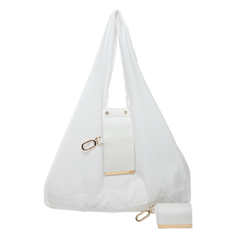 White Ins-Style Large Capacity Tote Bag with Keychain Pouch – Lightweight Reusable Shopping Bag with Detachable Accessory Holder, Ideal for Daily Use