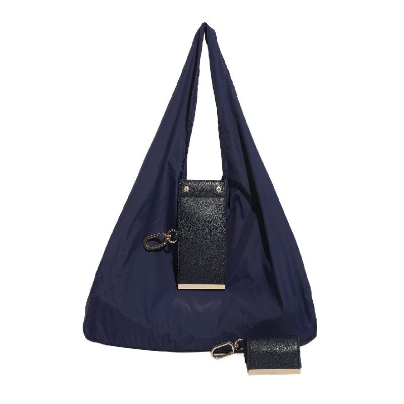 Navy blue Ins-Style Large Capacity Tote Bag with Keychain Pouch – Lightweight Reusable Shopping Bag with Detachable Accessory Holder, Ideal for Daily Use