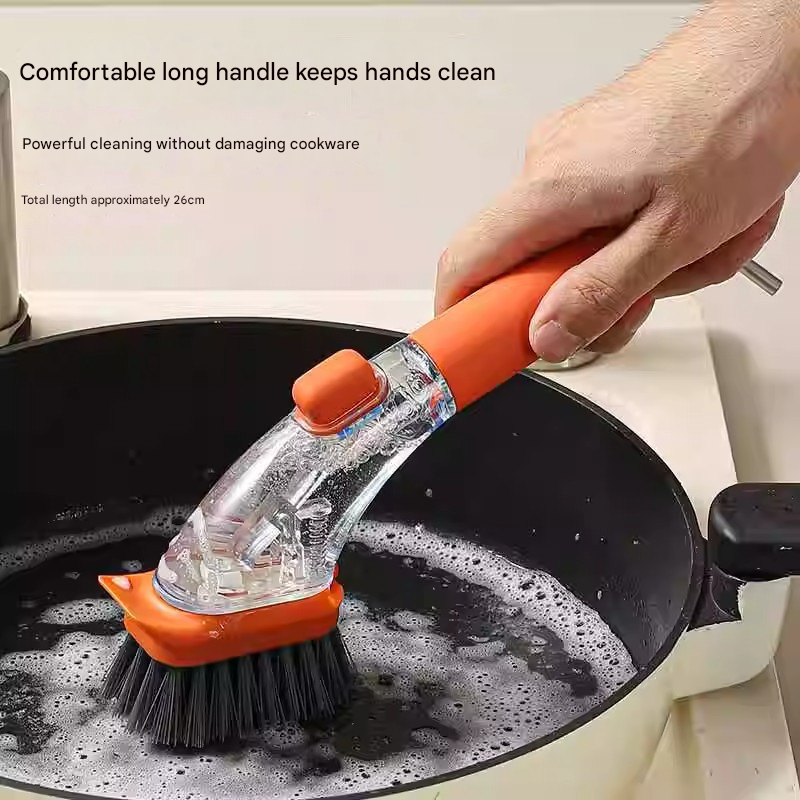 Orange Long-Handled Liquid Dispensing Pot Scrubber – Multi-Use Kitchen Cleaning Brush with Built-In Detergent Reservoir