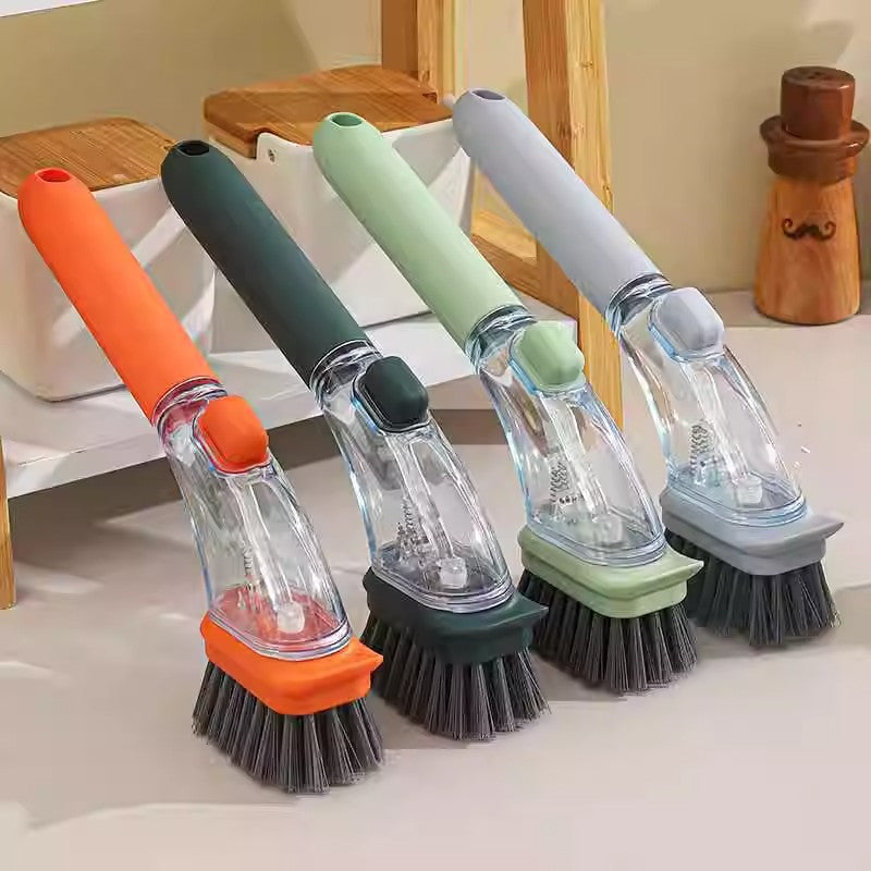 Orange Long-Handled Liquid Dispensing Pot Scrubber – Multi-Use Kitchen Cleaning Brush with Built-In Detergent Reservoir