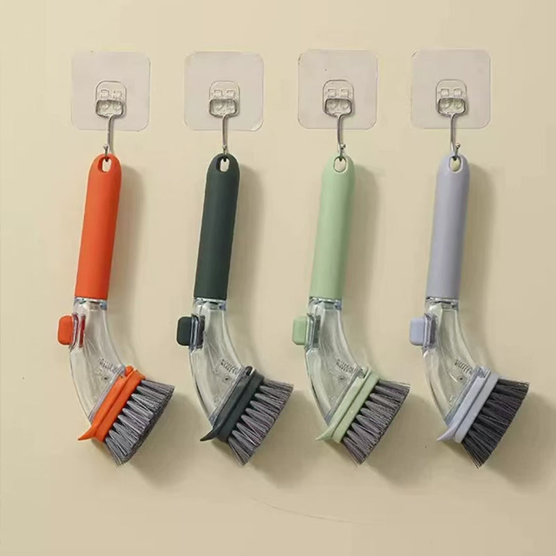 Orange Long-Handled Liquid Dispensing Pot Scrubber – Multi-Use Kitchen Cleaning Brush with Built-In Detergent Reservoir