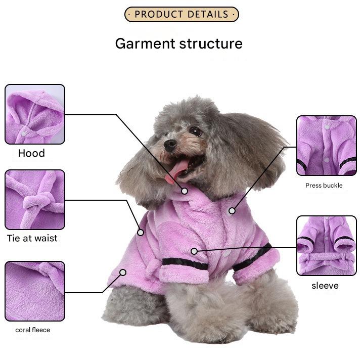 White Cozy Pet Bathrobe Sleepwear – Plush Fleece Dog Robe with Hood and Adjustable Waistband for Small to Medium Breeds(Size:L)