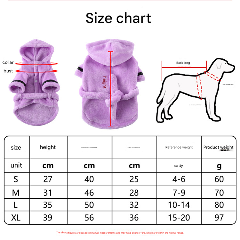 Purple Cozy Pet Bathrobe Sleepwear – Plush Fleece Dog Robe with Hood and Adjustable Waistband for Small to Medium Breeds(Size:L)