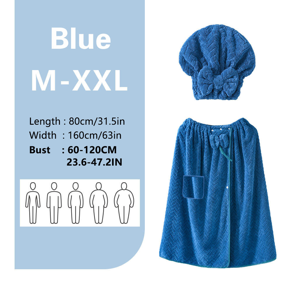 Blue Coral Fleece Bath Skirt with Matching Hair Towel – Soft Absorbent Wrap Dress for Women, Quick-Dry Shower Robe Set with Elastic Waistband and Adjustable Fit