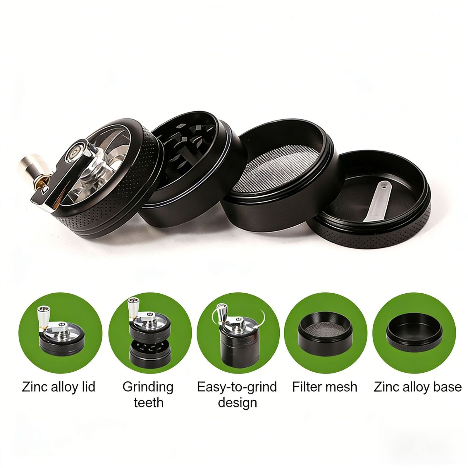 Blue 40mm Zinc Alloy 4-Layer Hand-Crank Grinder – Compact Metal Spice & Herb Crusher with Stainless Steel Teeth, Filter Mesh, and Portable Design