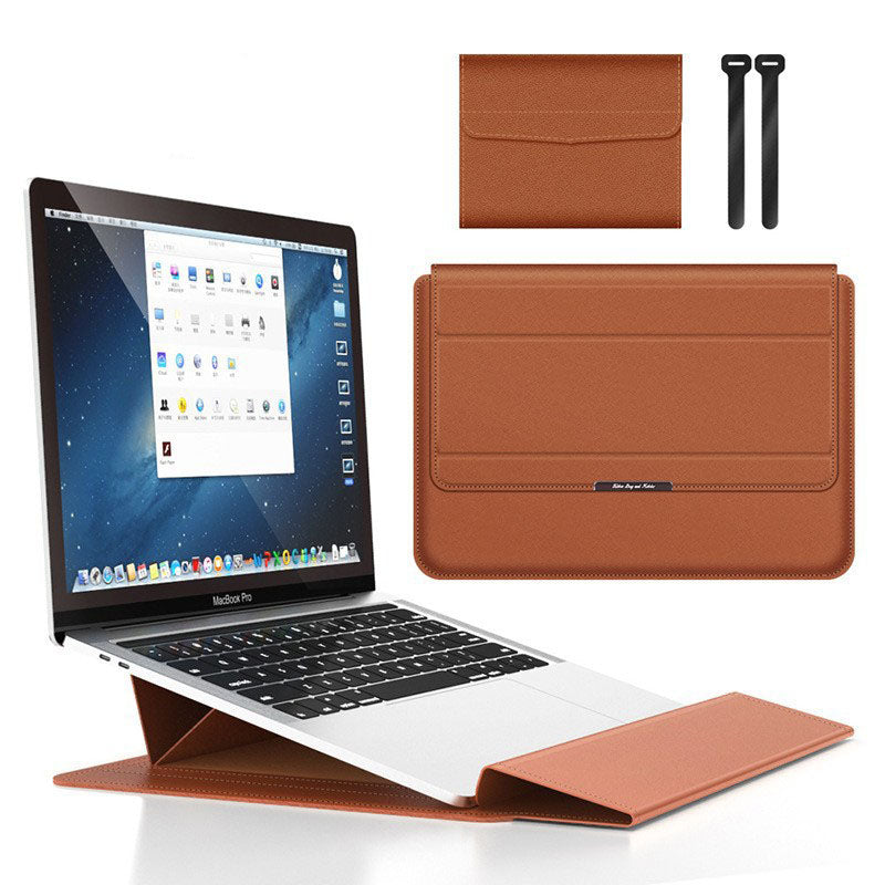 Brown 3-in-1 Laptop Sleeve with Built-In Stand &amp; Wrist Rest – Waterproof PU Protective Case for 13/14 Inch Laptops, Portable and Ergonomic Design