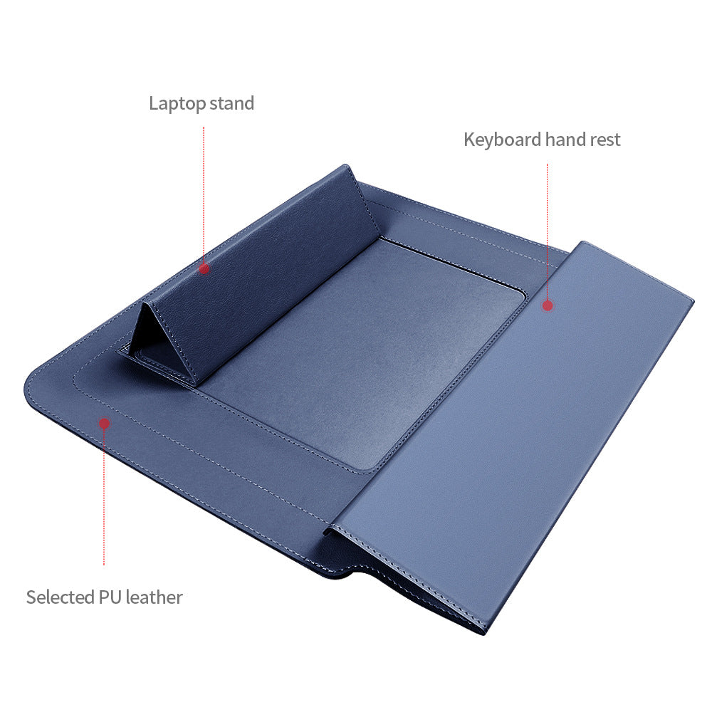 Grey 3-in-1 Laptop Sleeve with Built-In Stand & Wrist Rest – Waterproof PU Protective Case for 13/14 Inch Laptops, Portable and Ergonomic Design