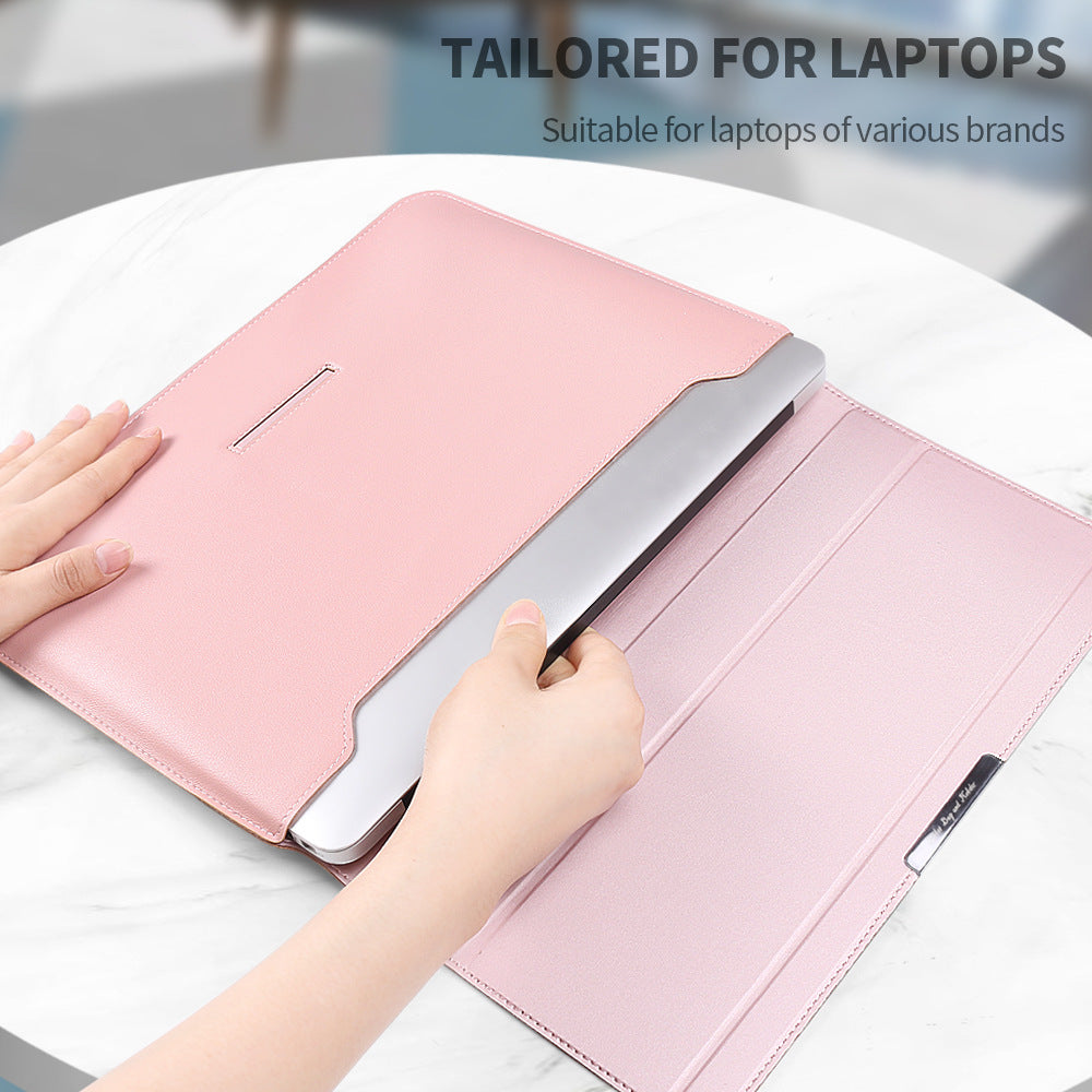 Grey 3-in-1 Laptop Sleeve with Built-In Stand & Wrist Rest – Waterproof PU Protective Case for 13/14 Inch Laptops, Portable and Ergonomic Design