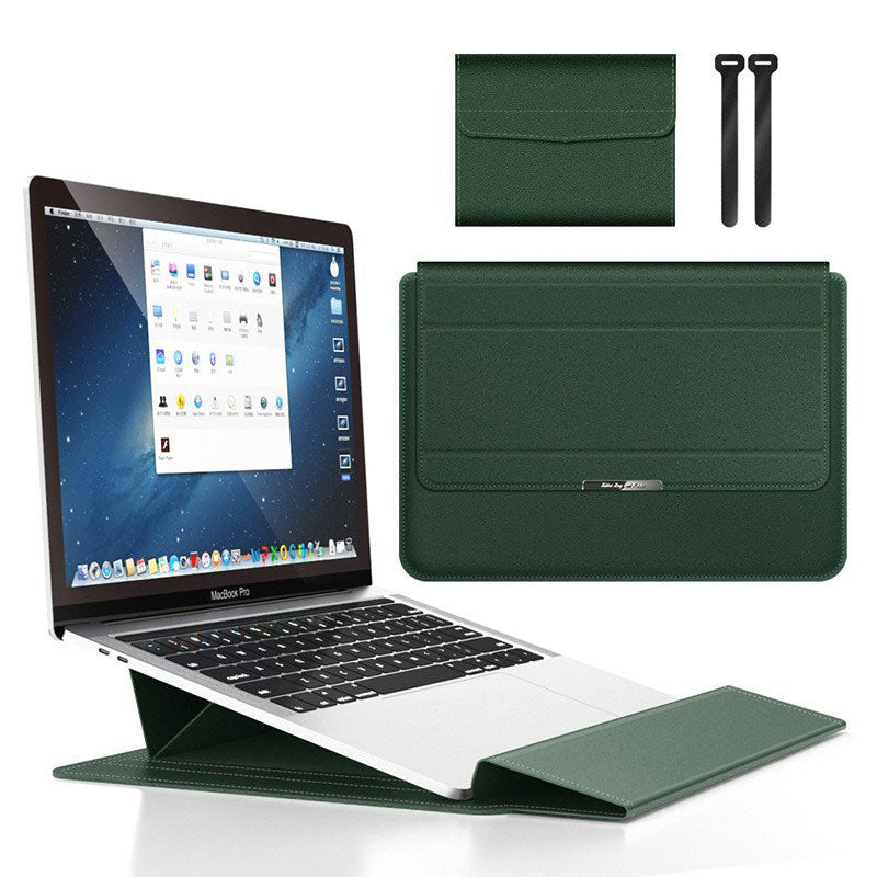 Dark green 3-in-1 Laptop Sleeve with Built-In Stand &amp; Wrist Rest – Waterproof PU Protective Case for 13/14 Inch Laptops, Portable and Ergonomic Design
