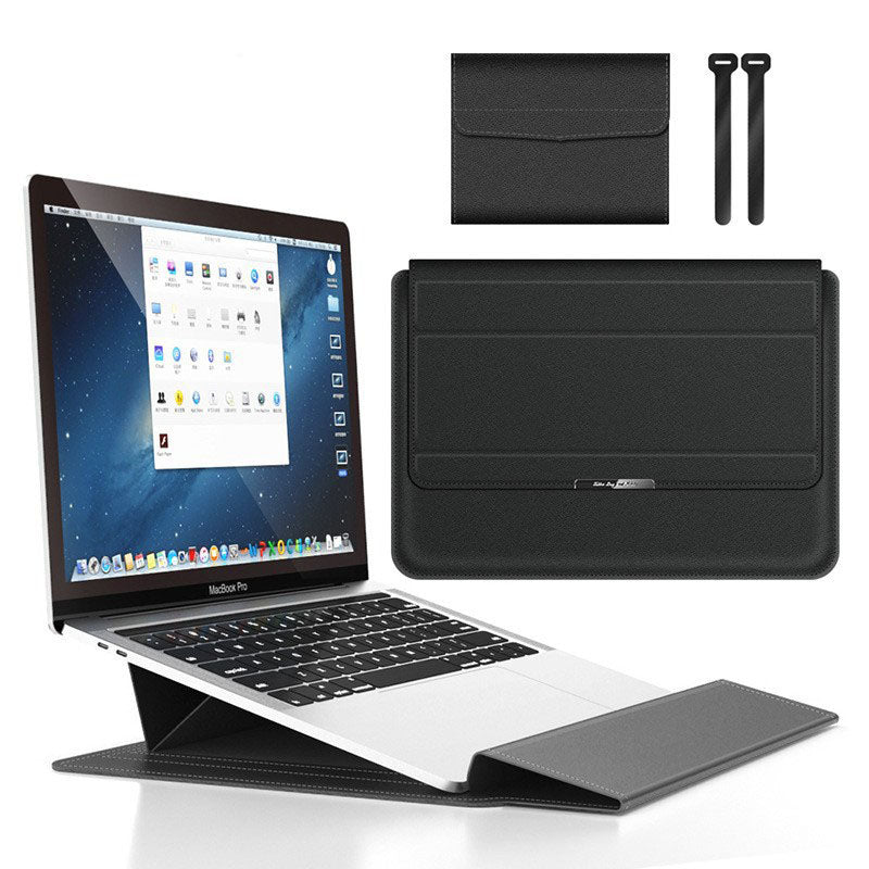 Black 3-in-1 Laptop Sleeve with Built-In Stand &amp; Wrist Rest – Waterproof PU Protective Case for 15/16 Inch Laptops, Portable and Ergonomic Design