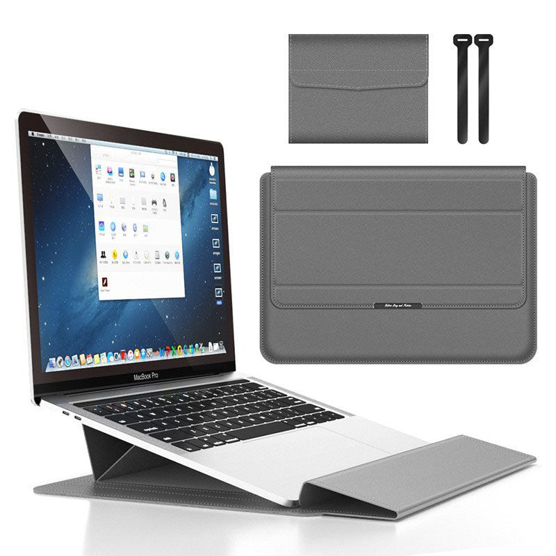 Grey 3-in-1 Laptop Sleeve with Built-In Stand &amp; Wrist Rest – Waterproof PU Protective Case for 15/16 Inch Laptops, Portable and Ergonomic Design