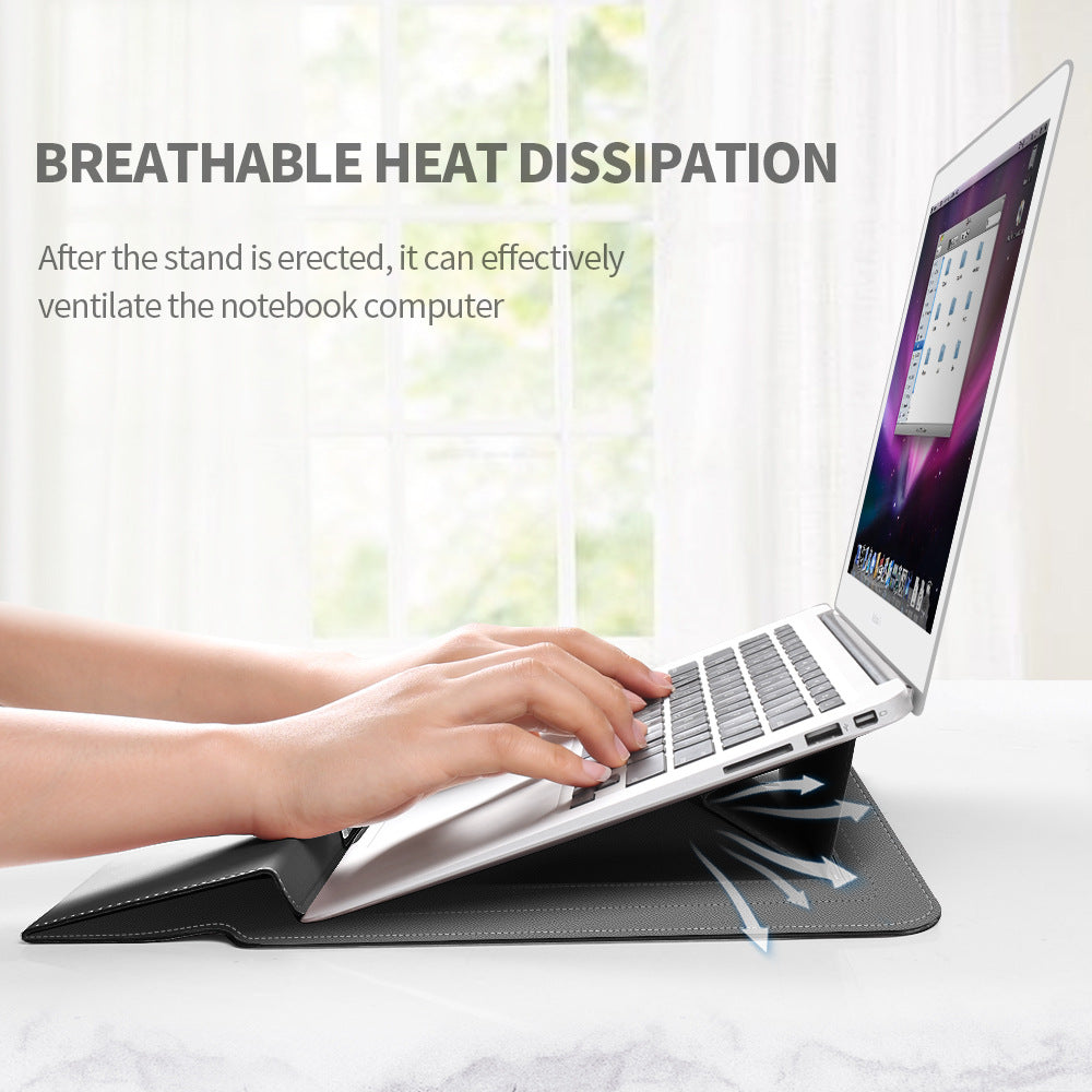 Grey 3-in-1 Laptop Sleeve with Built-In Stand & Wrist Rest – Waterproof PU Protective Case for 15/16 Inch Laptops, Portable and Ergonomic Design