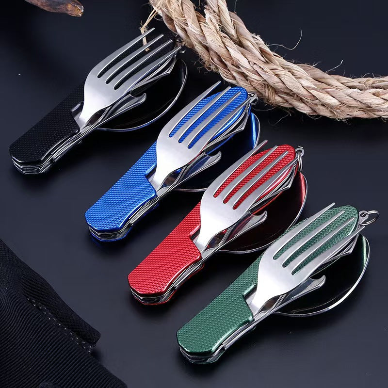 2-PCS Blue Stainless Steel Folding Cutlery Set – Compact 3-in-1 Knife, Fork, Spoon with Removable Design for Outdoor Camping, Hiking, Travel, and Picnic Use