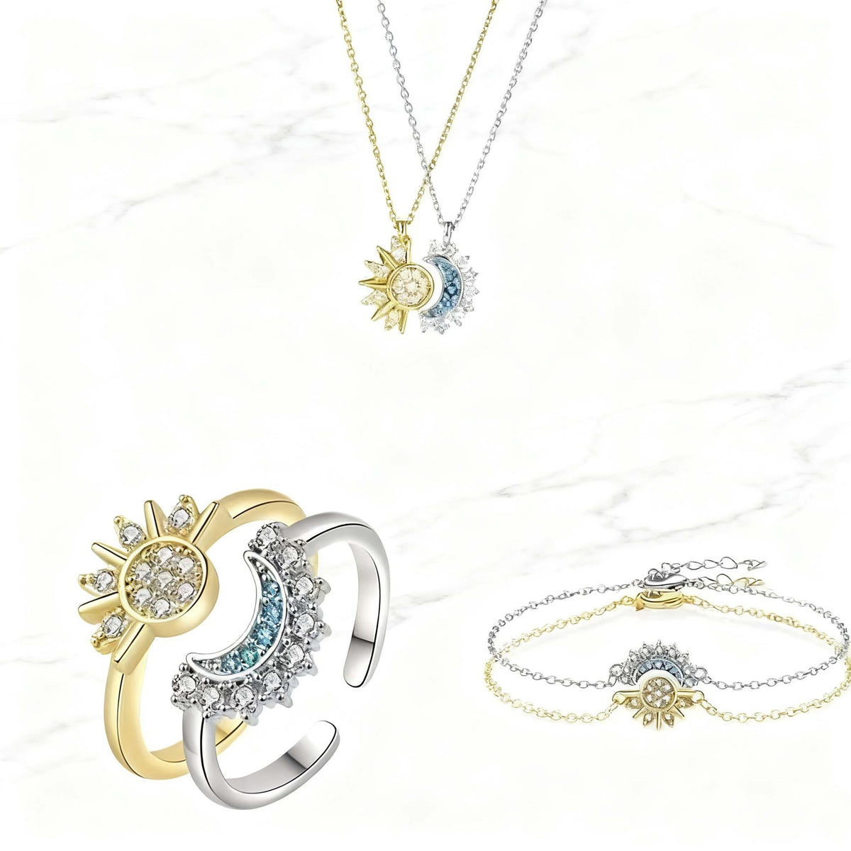 Sun and Moon Friendship Jewelry Set – 6-Piece Matching Ring, Necklace &amp; Bracelet Duo for Best Friends in Gold and Silver Tone with Cubic Zirconia