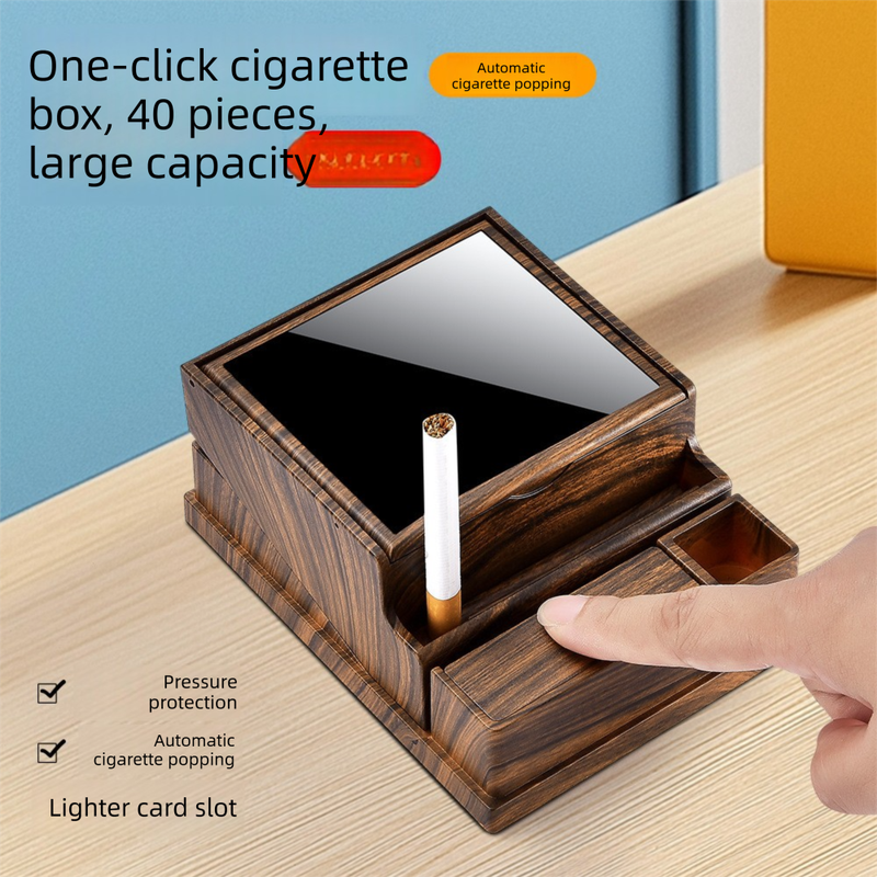 Rosewood grain Automatic Cigarette Box with 40-Slot Capacity – Pop-Out Dispenser for Car and Home Use, ABS Material with Lighter Holder and Carbon Fiber Look Design
