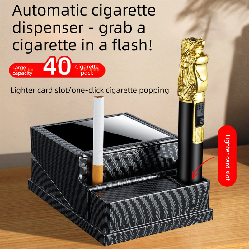 Walnut Automatic Cigarette Box with 40-Slot Capacity – Pop-Out Dispenser for Car and Home Use, ABS Material with Lighter Holder and Carbon Fiber Look Design