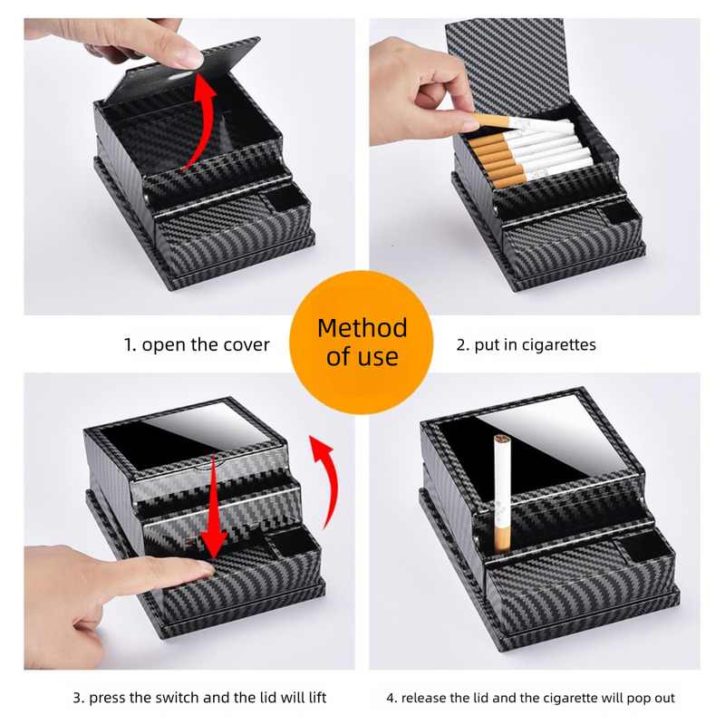 Carbon fibre Automatic Cigarette Box with 40-Slot Capacity – Pop-Out Dispenser for Car and Home Use, ABS Material with Lighter Holder and Carbon Fiber Look Design