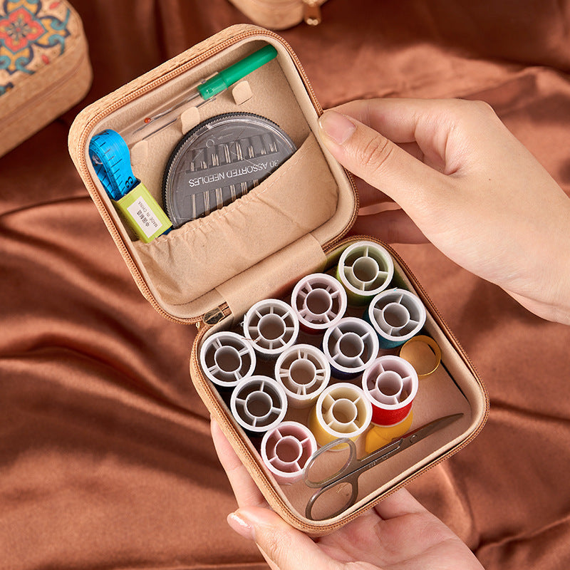 Brown Sunflower Design Portable Sewing Kit – Compact Travel Set with Needles, Thread, Scissors, Thimble, and Pin Cushion for Home, Dorm, or Emergency Repairs