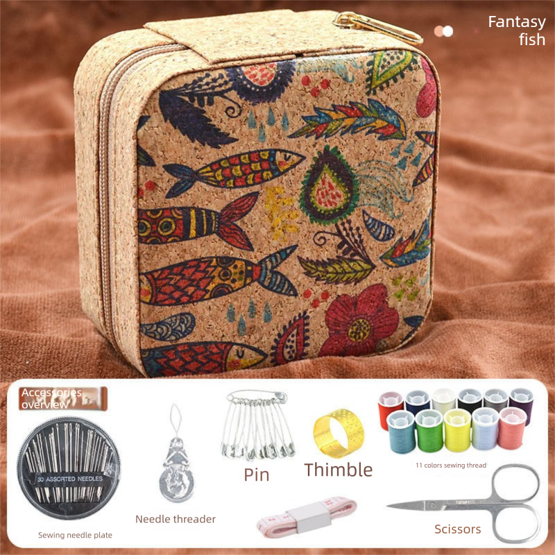 Brown Fantasy Fish Collection Portable Sewing Kit – Compact Travel Set with Needles, Thread, Scissors, Thimble, and Pin Cushion for Home, Dorm, or Emergency Repairs
