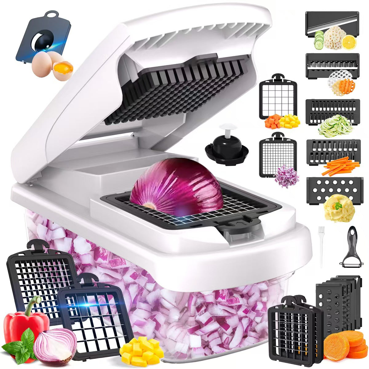 White Multifunctional Vegetable Slicer – Manual Kitchen Cutter with Adjustable Blades for Slicing, Dicing, Shredding, Garlic Grinding, and Egg White Separation