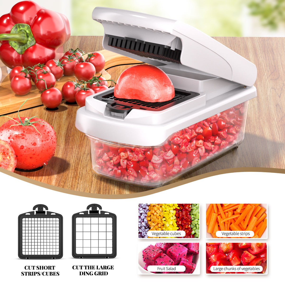 White Multifunctional Vegetable Slicer – Manual Kitchen Cutter with Adjustable Blades for Slicing, Dicing, Shredding, Garlic Grinding, and Egg White Separation