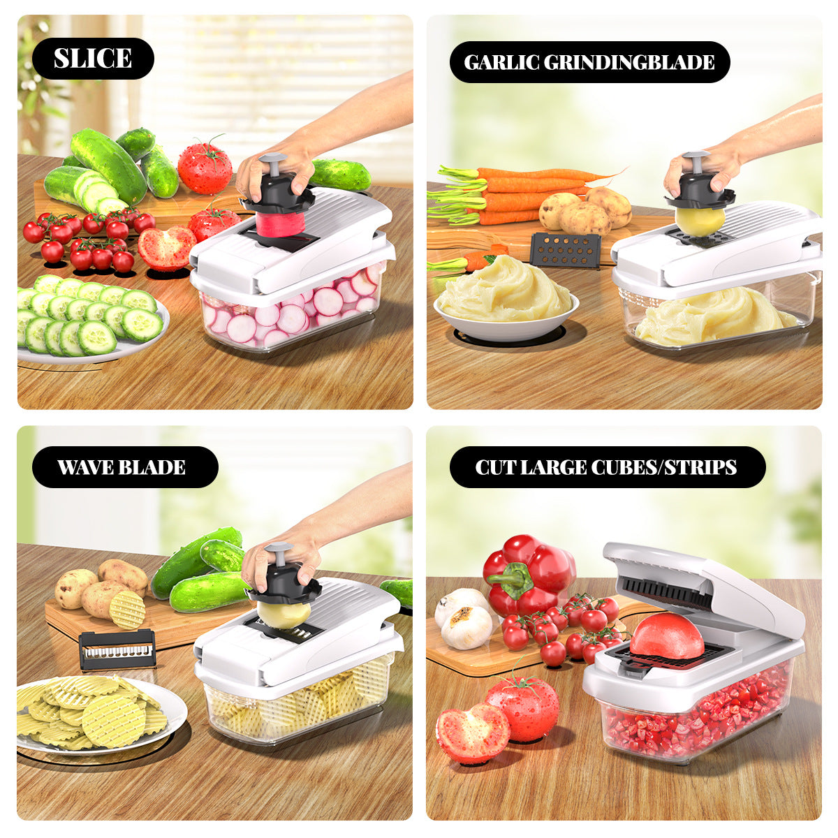 White Multifunctional Vegetable Slicer – Manual Kitchen Cutter with Adjustable Blades for Slicing, Dicing, Shredding, Garlic Grinding, and Egg White Separation