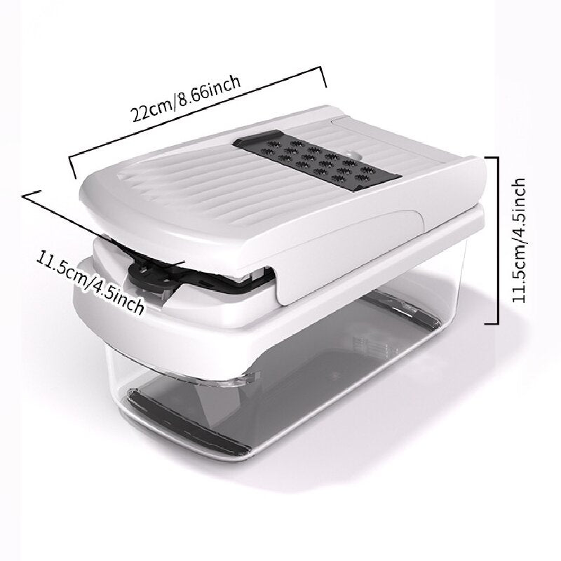 White Multifunctional Vegetable Slicer – Manual Kitchen Cutter with Adjustable Blades for Slicing, Dicing, Shredding, Garlic Grinding, and Egg White Separation