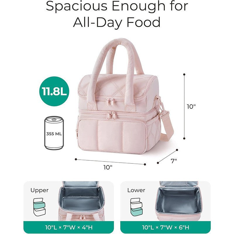 Black Double-Layer Insulated Lunch Bag – Quilted Design with Top and Bottom Compartments, Shoulder Strap, and Smooth Two-Way Zippers