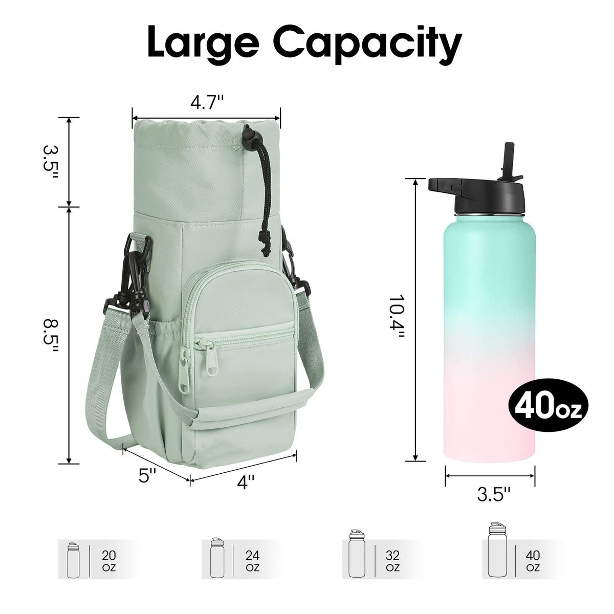 Green Water Bottle Carrier with Drawstring Closure – Adjustable Shoulder Strap, Front Pocket, and Side Storage for Daily Use