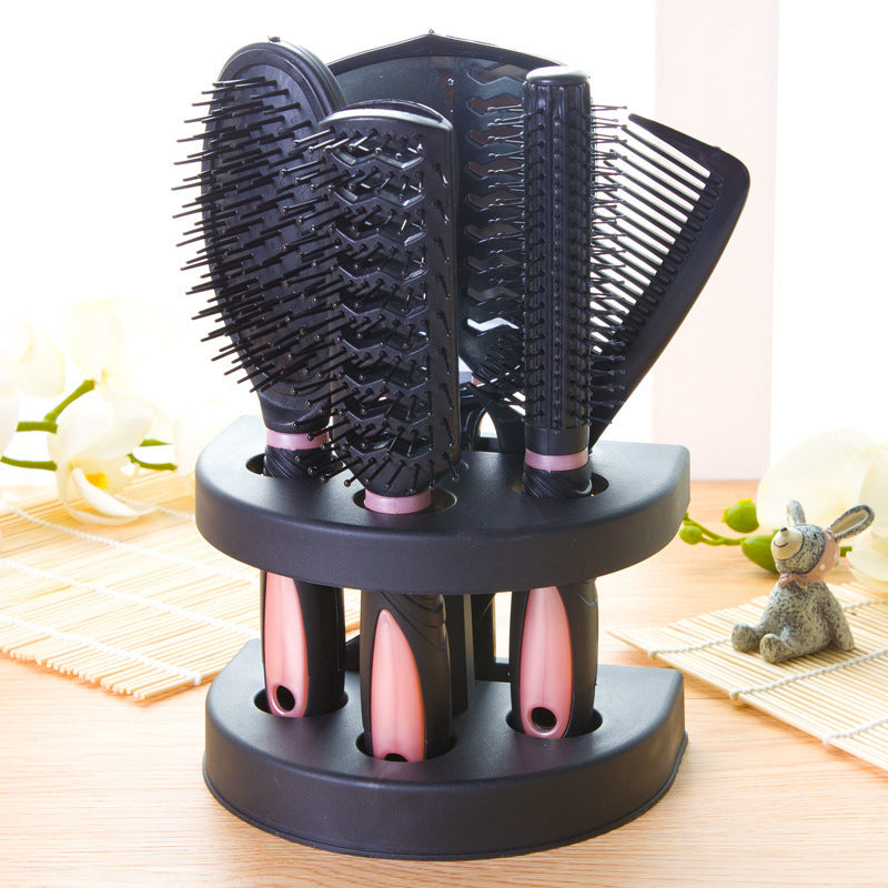 Pink 5-Piece Hair Care Set with Rotating Stand – Includes Flat Comb, Styling Brush, Massage Comb, Round Brush, and Handheld Mirror