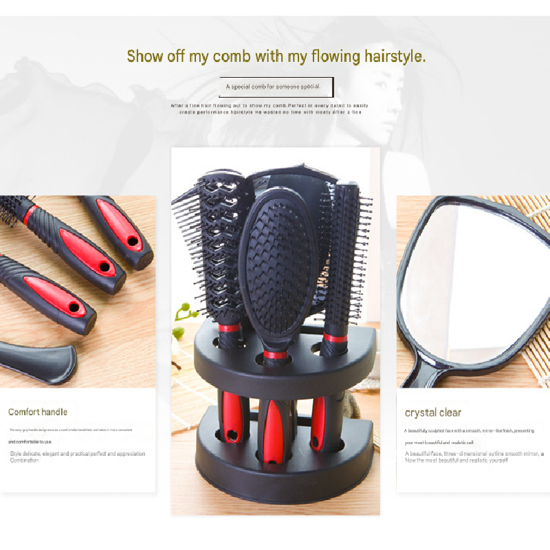 Pink 5-Piece Hair Care Set with Rotating Stand – Includes Flat Comb, Styling Brush, Massage Comb, Round Brush, and Handheld Mirror