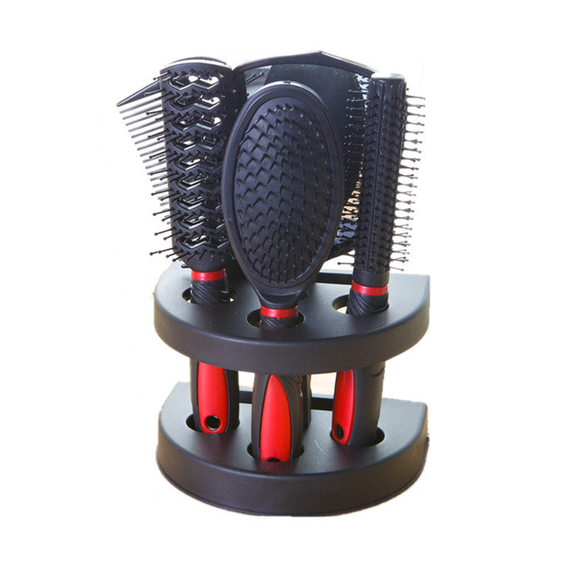Red 5-Piece Hair Care Set with Rotating Stand – Includes Flat Comb, Styling Brush, Massage Comb, Round Brush, and Handheld Mirror