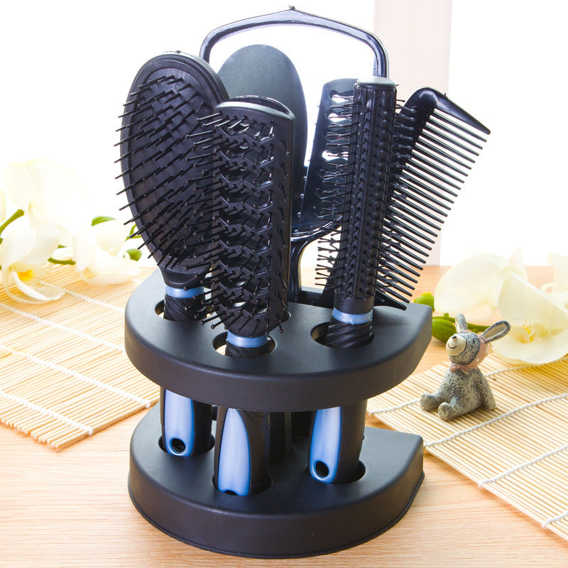 Blue 5-Piece Hair Care Set with Rotating Stand – Includes Flat Comb, Styling Brush, Massage Comb, Round Brush, and Handheld Mirror