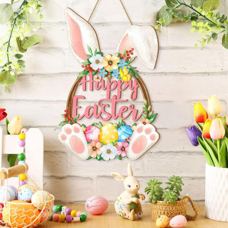 Happy Easter Wooden Wall Hanging Sign with Floral Design and Bunny Ears for Spring Home Decor Door Decoration