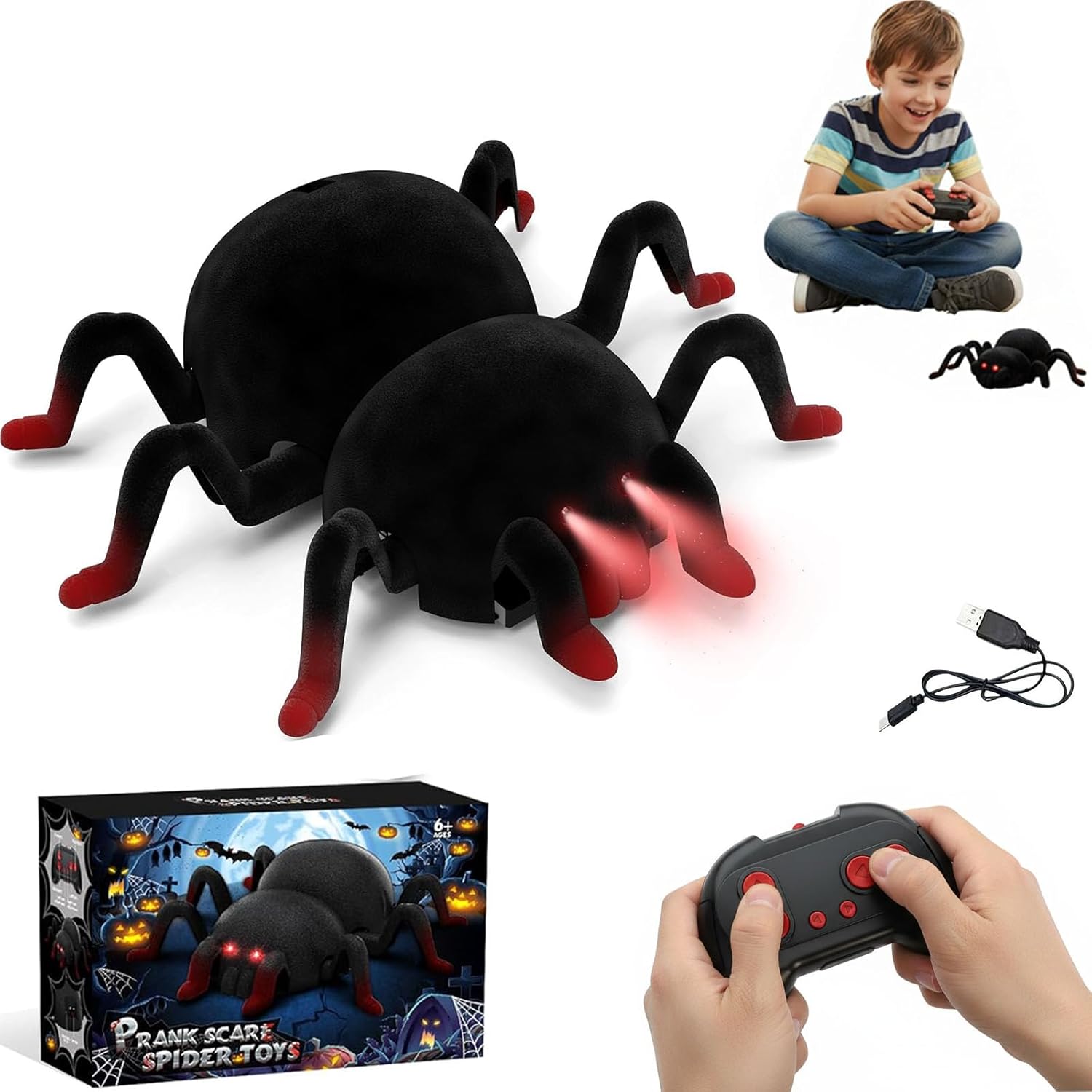 RC Wall Climbing Spider Toy Realistic Fuzzy Tarantula Anti-Gravity Remote Control Prank Bug with LED Eyes Rechargeable Gift for Kids