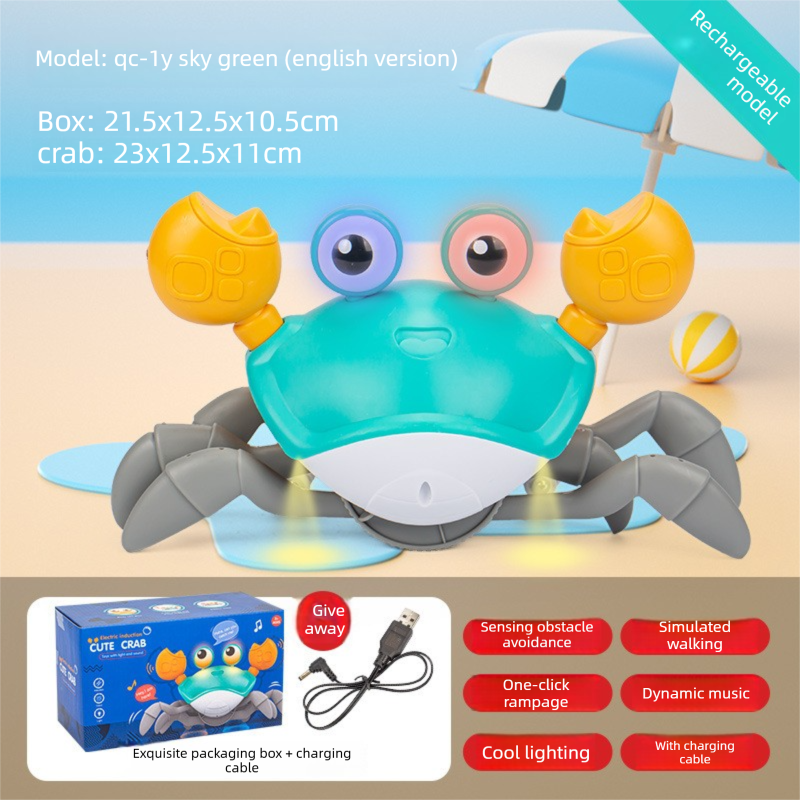 Electric Induction Crawling Crab Baby Toy Interactive Obstacle Avoidance Moving Pet with Music &amp; Light USB Rechargeable Tummy Time Gift Sky Green
