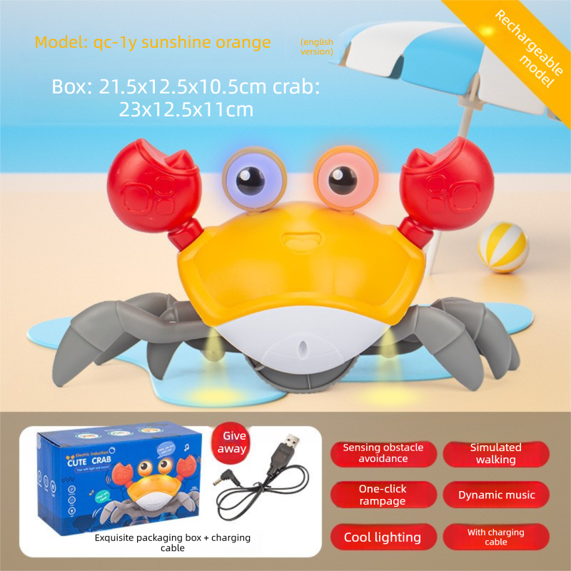 Electric Induction Crawling Crab Baby Toy Interactive Obstacle Avoidance Moving Pet with Music &amp; Light USB Rechargeable Tummy Time Gift Sun Orange