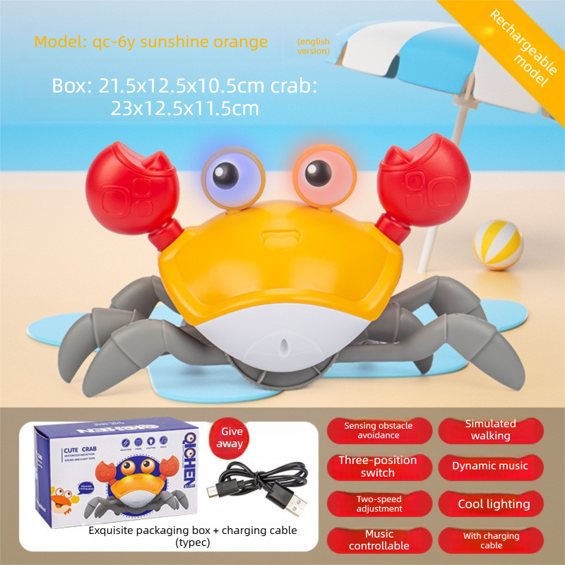 Upgraded Induction Crawling Crab Baby Toy with Silent Mode &amp; Speed Control USB-C Rechargeable Obstacle Avoidance Tummy Time Pet Sun Orange