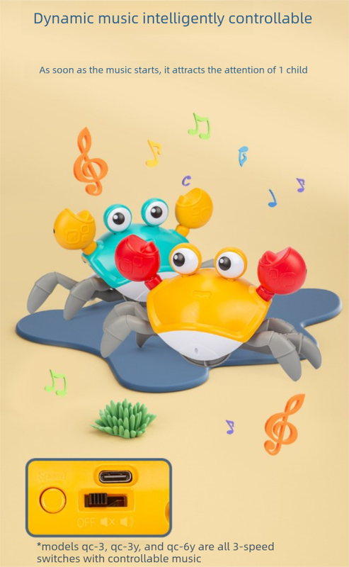 Upgraded Induction Crawling Crab Baby Toy with Silent Mode & Speed Control USB-C Rechargeable Obstacle Avoidance Tummy Time Pet Sun Orange