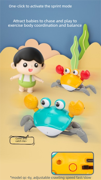Upgraded Induction Crawling Crab Baby Toy with Silent Mode & Speed Control USB-C Rechargeable Obstacle Avoidance Tummy Time Pet Sun Orange