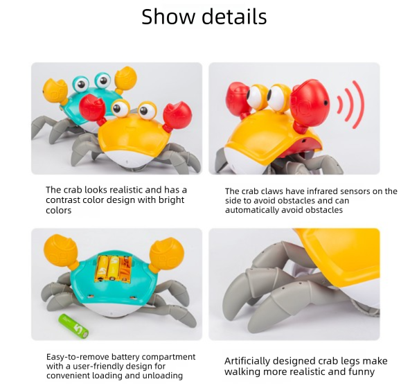 Electric Induction Crawling Crab Baby Toy Battery Operated with Silent Mode Music Off Switch Obstacle Avoidance Tummy Time Gift Sun Orange