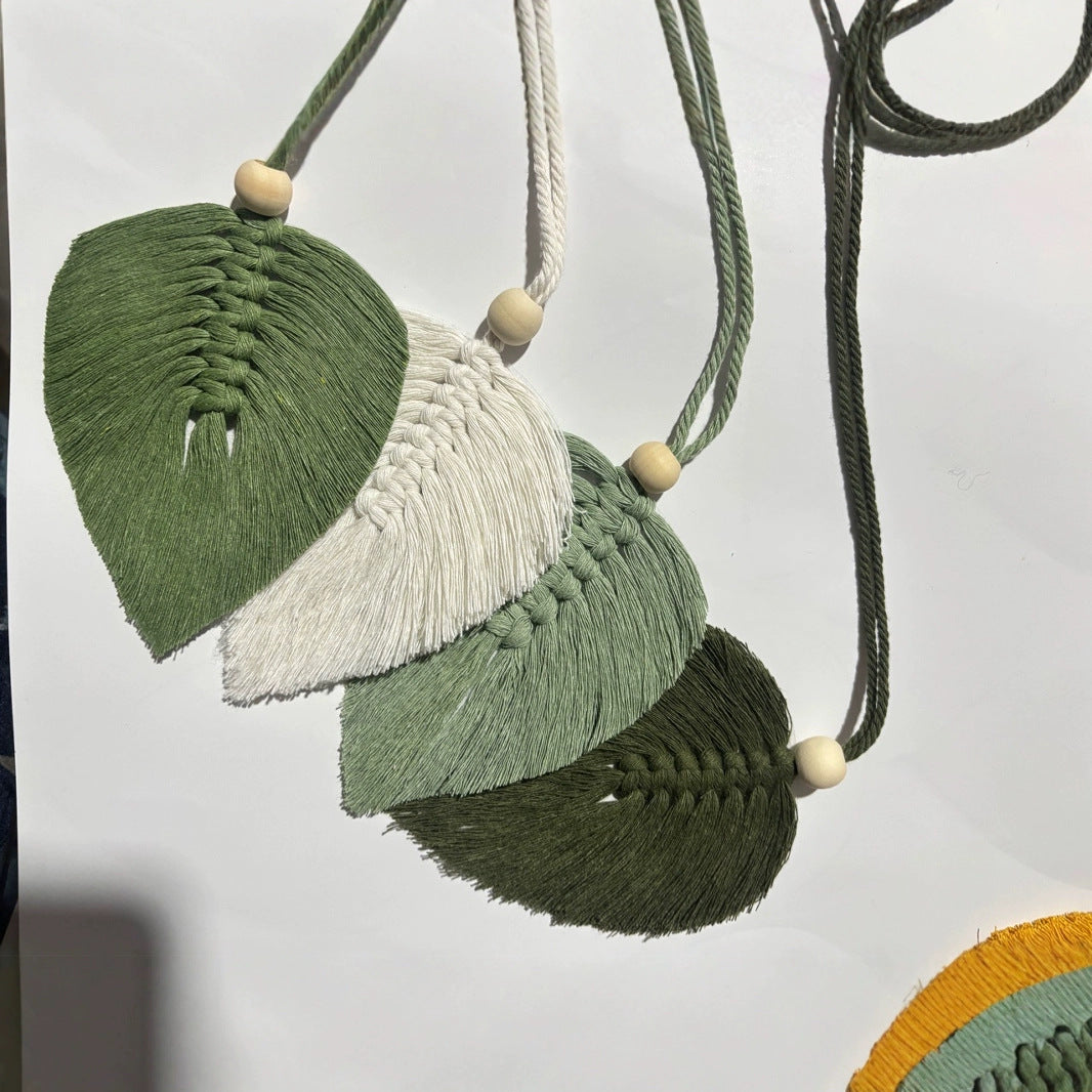 4 PCS Macrame Leaf Wall Hanging Set Handmade Cotton Boho Feather Ornaments Green &amp; Beige for Nursery Home Decor