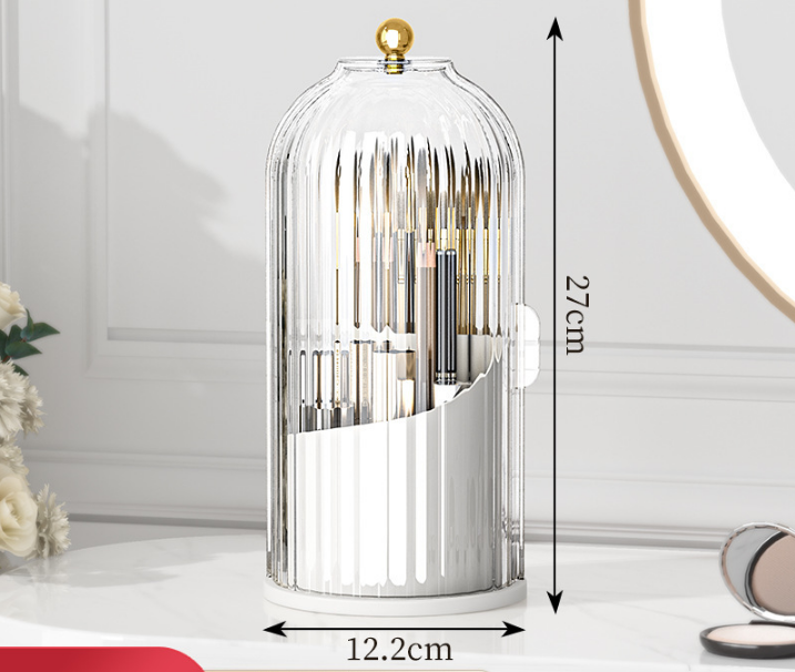 360 Degree Rotating Makeup Brush Organiser with Dustproof Lid Clear Cosmetic Storage Cylinder for Vanity Dressing Table Transparent White
