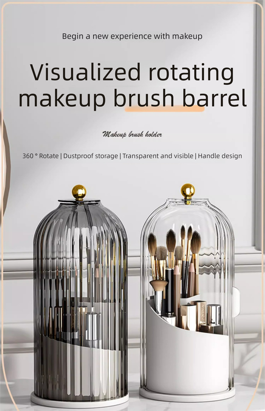 360 Degree Rotating Makeup Brush Organiser with Dustproof Lid Clear Cosmetic Storage Cylinder for Vanity Dressing Table Transparent White