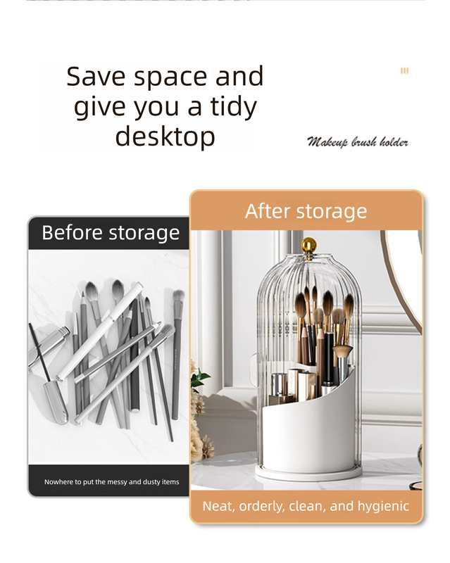 360 Degree Rotating Makeup Brush Organiser with Dustproof Lid Clear Cosmetic Storage Cylinder for Vanity Dressing Table Transparent White