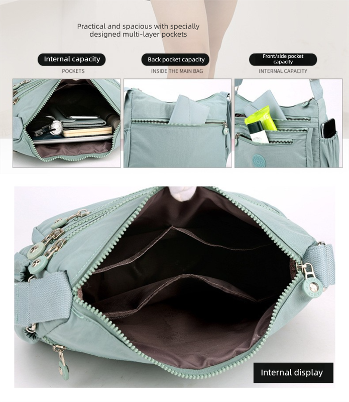 Women's Lightweight Nylon Crossbody Bag Waterproof Multi Pocket Shoulder Purse Travel Messenger Grey