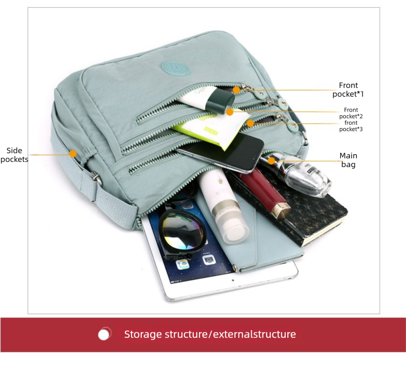 Women's Lightweight Nylon Crossbody Bag Waterproof Multi Pocket Shoulder Purse Travel Messenger Grey