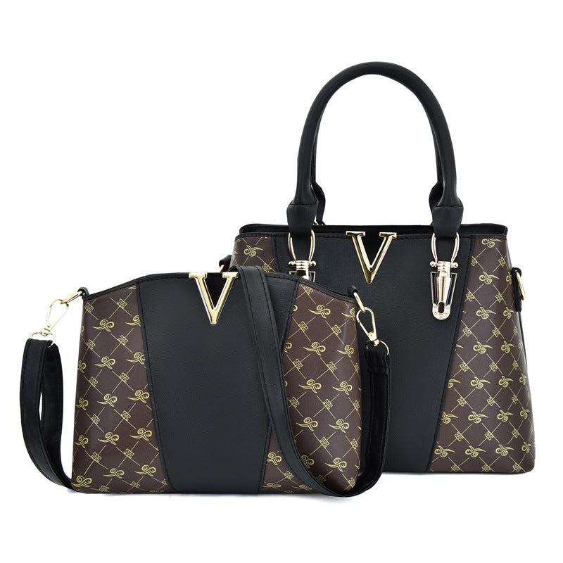 2 PCS Women's Handbag Set PU Leather Tote &amp; Crossbody Purse Fashion Splicing Design Black